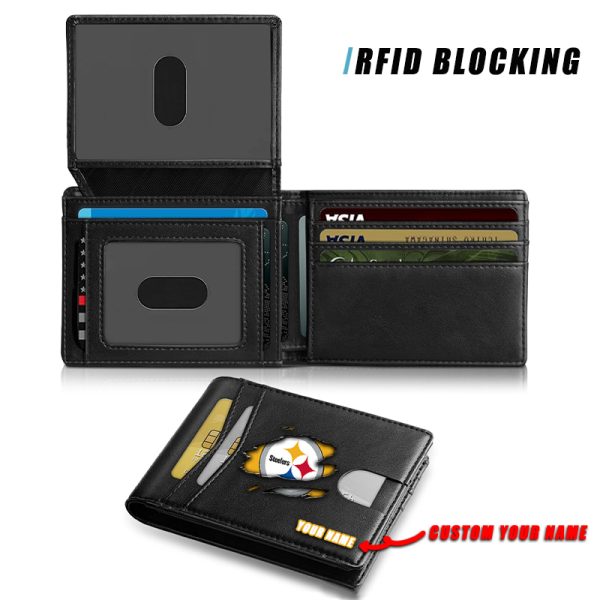 Pittsburgh Steelers – Personalized Football RFID Blocking Leather 2 ID Window Wallet