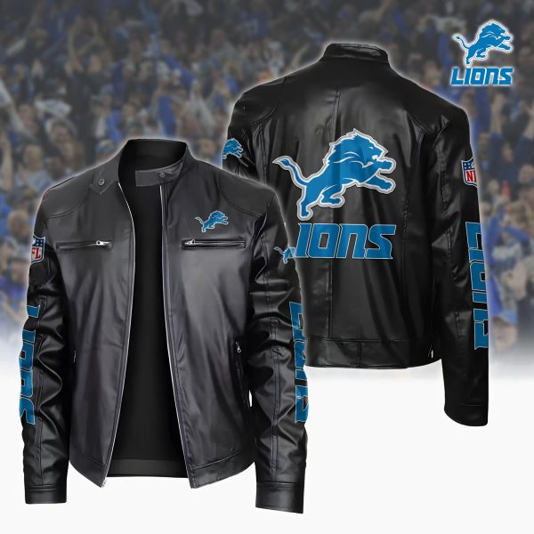 Detroit Lions Motorcycle Leather Jacket Custom Your Name, Sport Leather Jacket, Fan Gifts