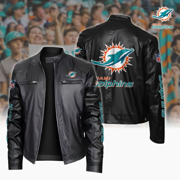 Miami Dolphins Motorcycle Leather Jacket Custom Your Name, Sport Leather Jacket, Fan Gifts