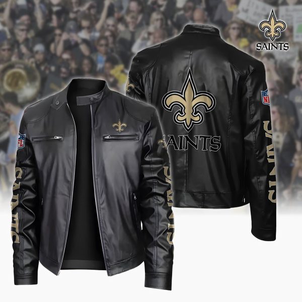 New Orleans Saints Motorcycle Leather Jacket Custom Your Name, Sport Leather Jacket, Fan Gifts