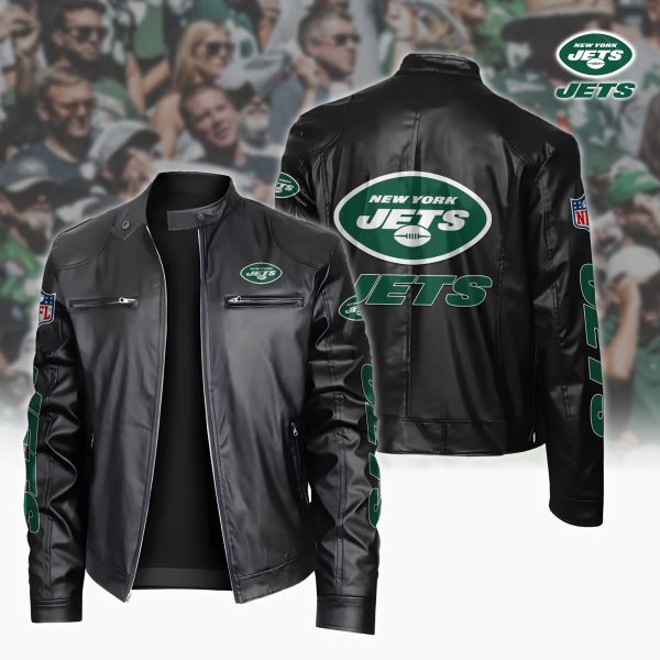 New York Jets Motorcycle Leather Jacket Custom Your Name, Sport Leather Jacket, Fan Gifts