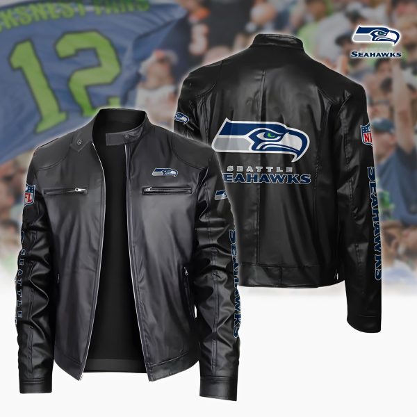 Seattle Seahawks Motorcycle Leather Jacket Custom Your Name, Sport Leather Jacket, Fan Gifts